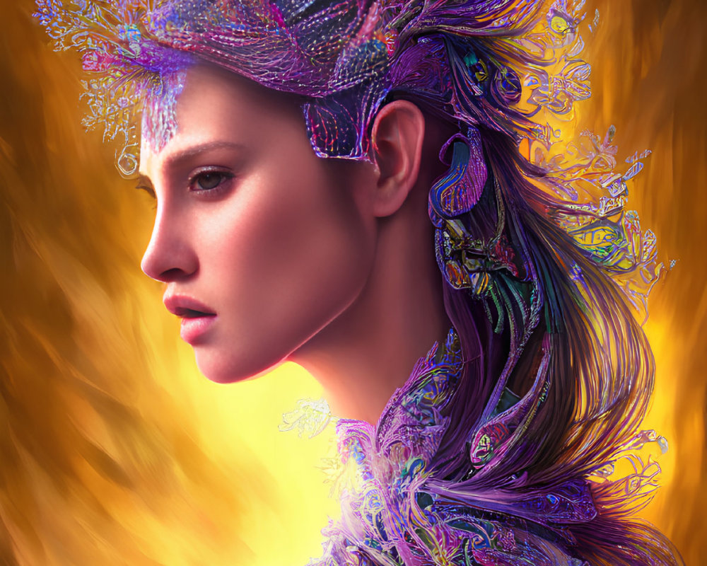 Colorful Woman's Profile Portrait with Elaborate Headdress and Garment