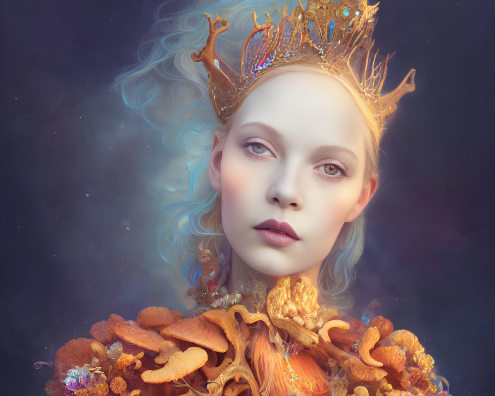 Surreal portrait of woman with golden crown and coral-like adornments