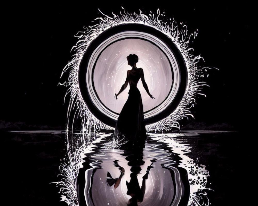 Silhouette of woman by luminous circular portal with dynamic water splashes