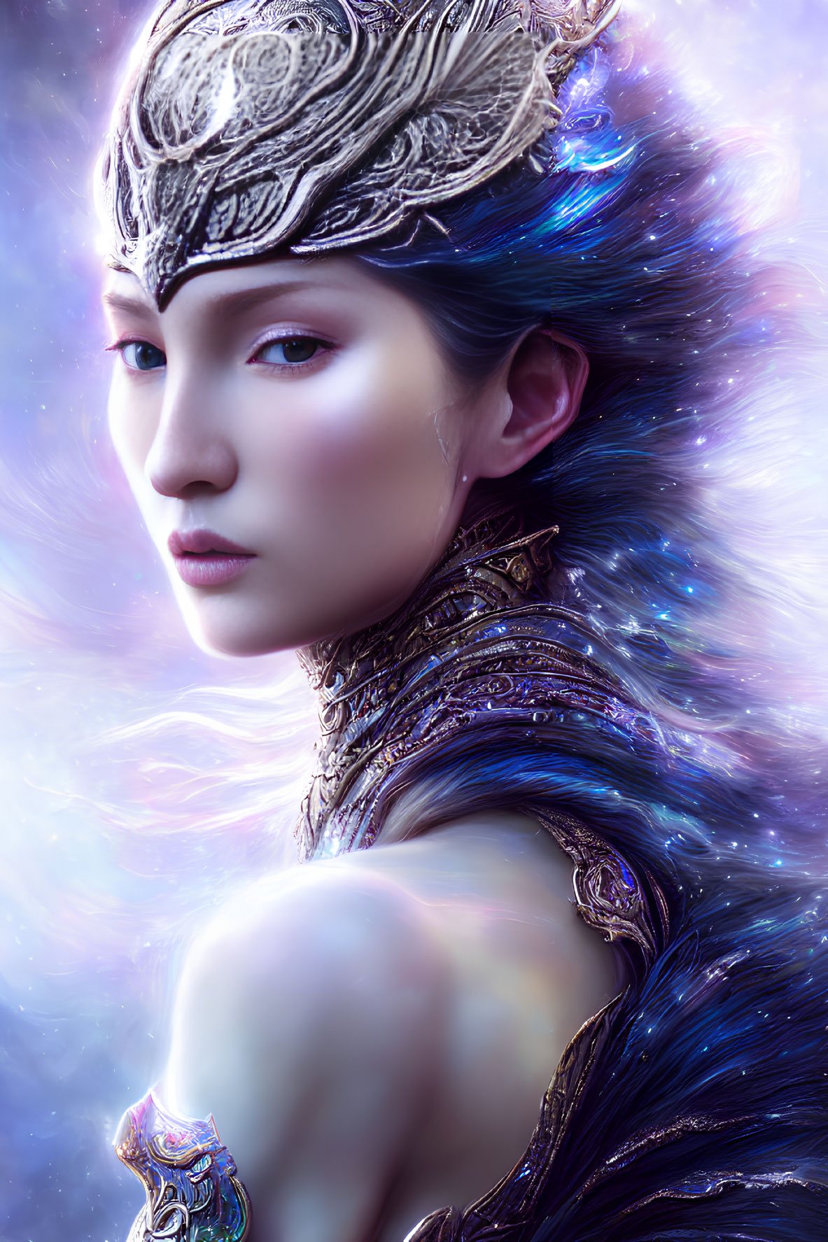 Digital artwork: Woman with silver headpiece, detailed armor, cosmic aura