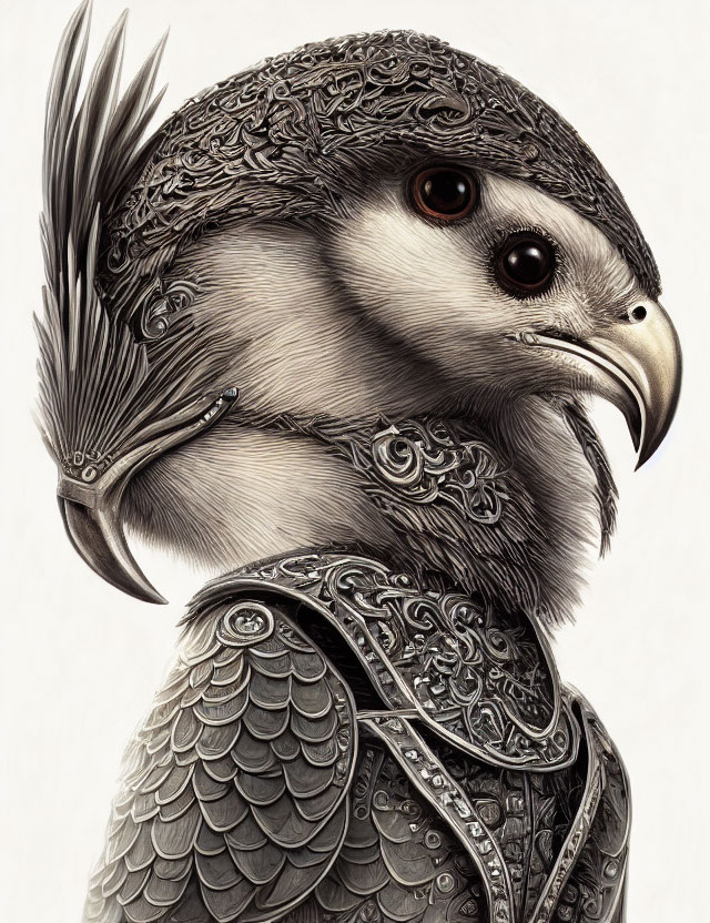 Detailed illustration of an eagle with ornate armor-like feathers and medieval-inspired head crest.