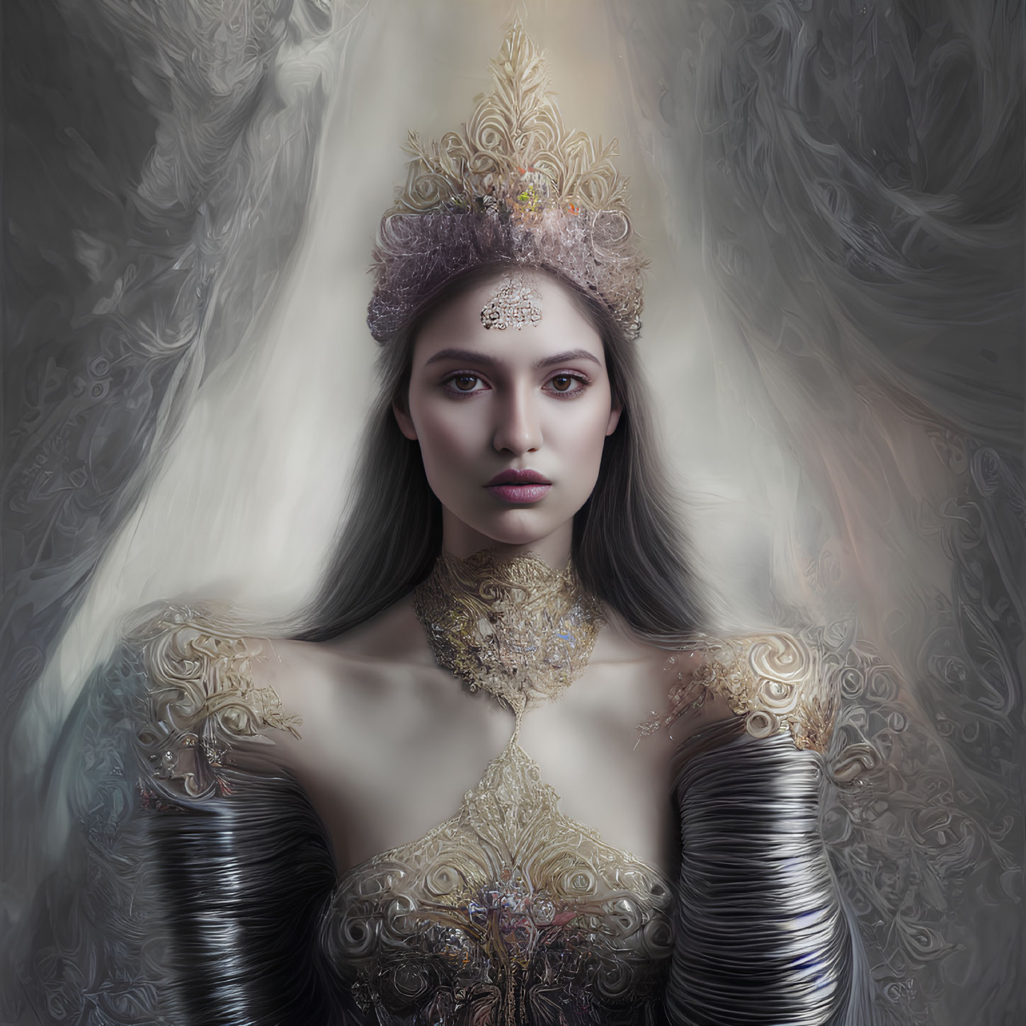 Regal woman in ornate crown and gold attire against ethereal backdrop