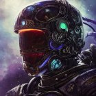 Detailed futuristic helmet with glowing blue visor on cosmic background