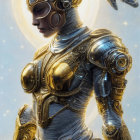 Iridescent Armor Woman Artwork Under Cloudy Sky