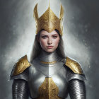 Regal woman in golden armor and crown in mystical forest