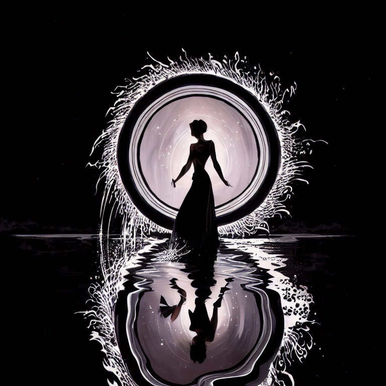 Silhouette of woman by luminous circular portal with dynamic water splashes