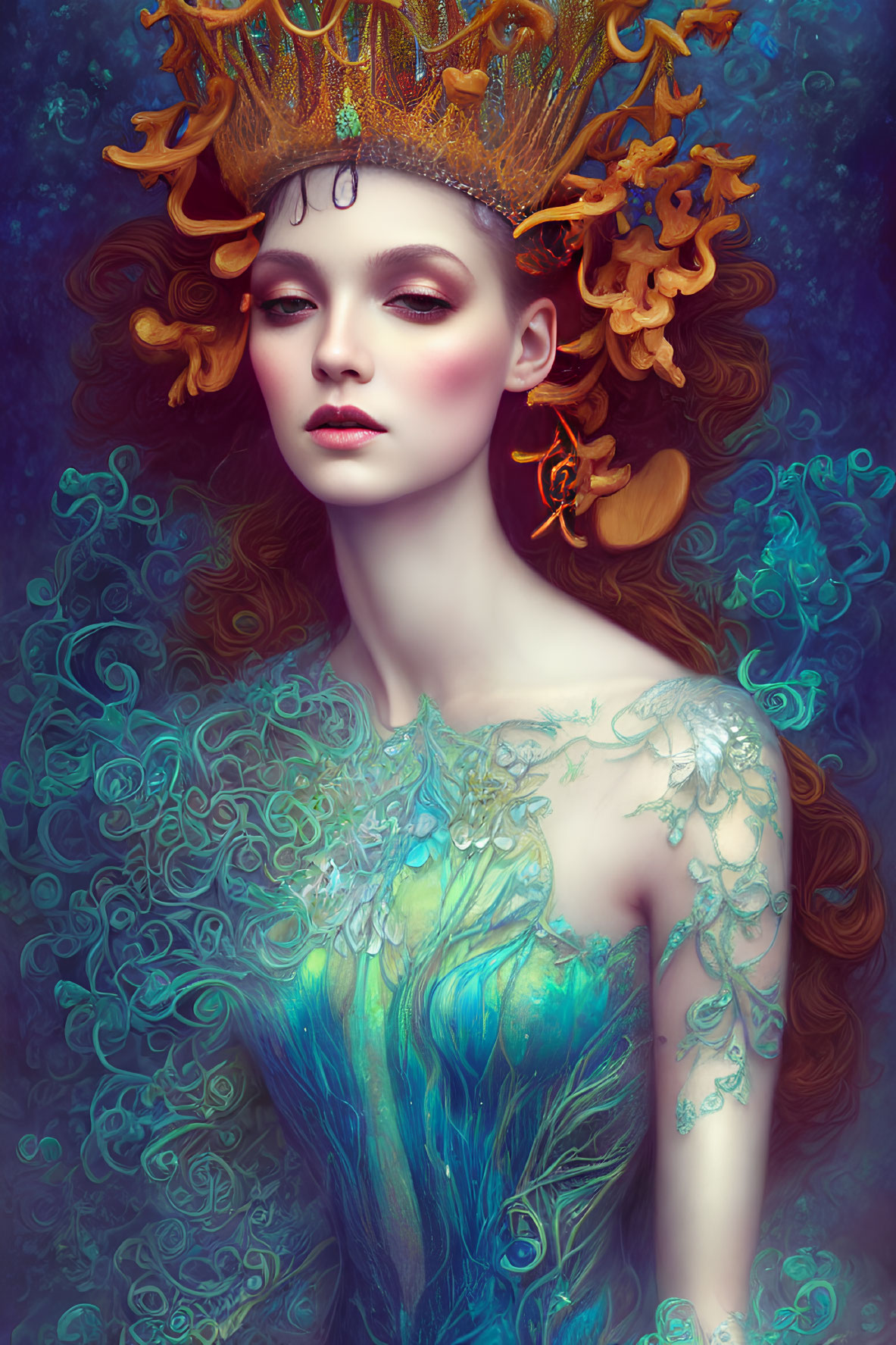 Fantasy illustration of woman with red hair, ornate crown, and nature-inspired dress