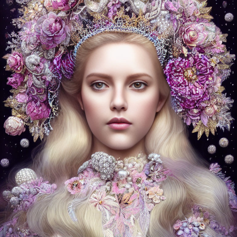 Woman's portrait with ornate floral crown in cosmic backdrop