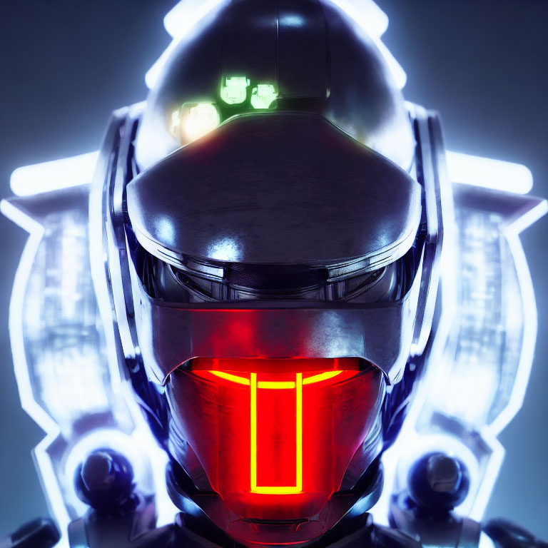 Futuristic Helmet with Glowing Green Eyes and Red Mouth Light