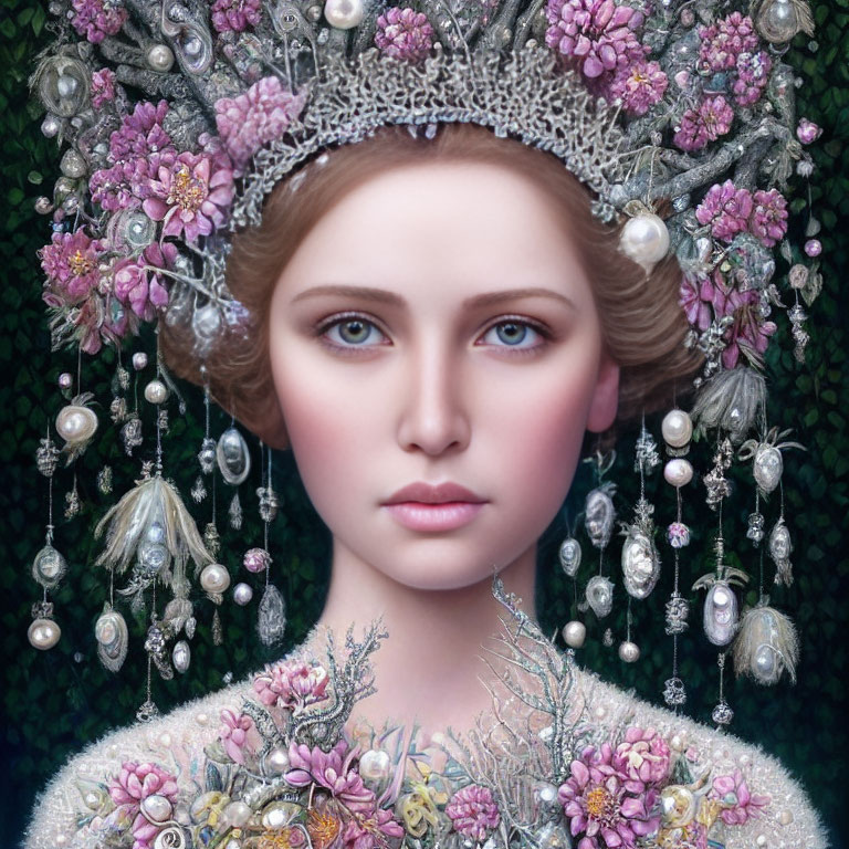 Portrait of Woman with Pearl and Floral Headpiece in Green Foliage Setting