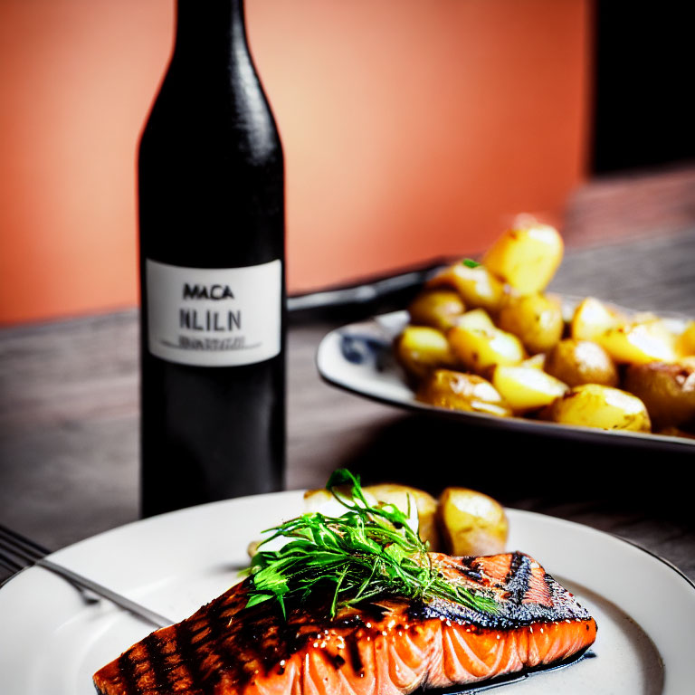 Fresh Grilled Salmon Fillet with Dill, Roasted Potatoes, and Wine Bottle on White