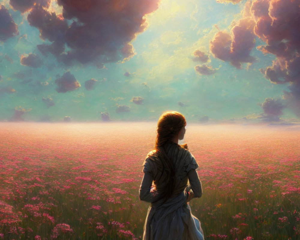 Vintage-dressed woman in pink flower field at sunset