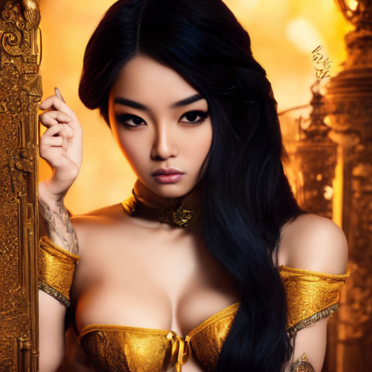 Long-haired woman in dramatic makeup wearing gold corset against golden backdrop