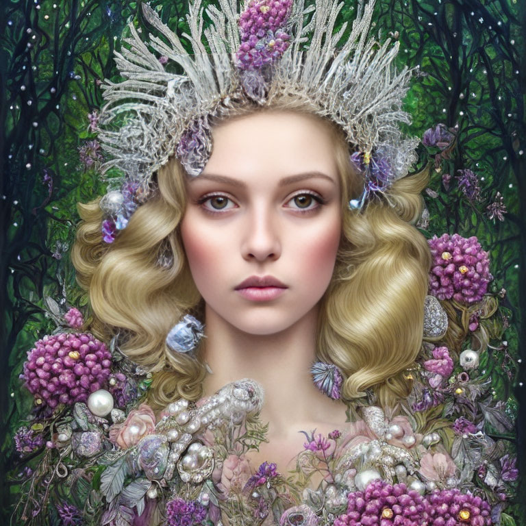 Portrait of Woman with Floral Crown and Botanical Elements