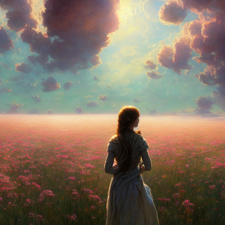 Vintage-dressed woman in pink flower field at sunset