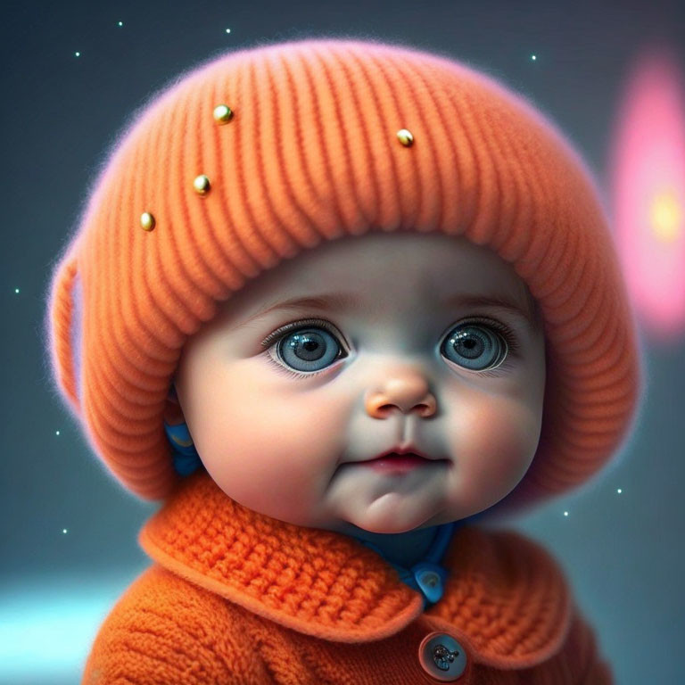 Adorable Baby in Orange Hat and Sweater with Large Eyes