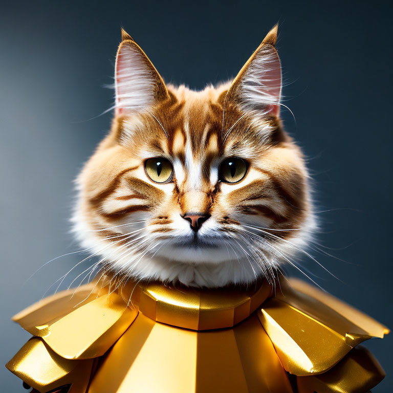 Orange and White Cat with Amber Eyes in Gold Collar on Dark Background