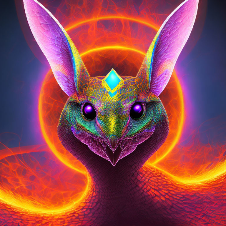 Colorful digital art of creature with large ears, jewel, and glowing eyes on vibrant background