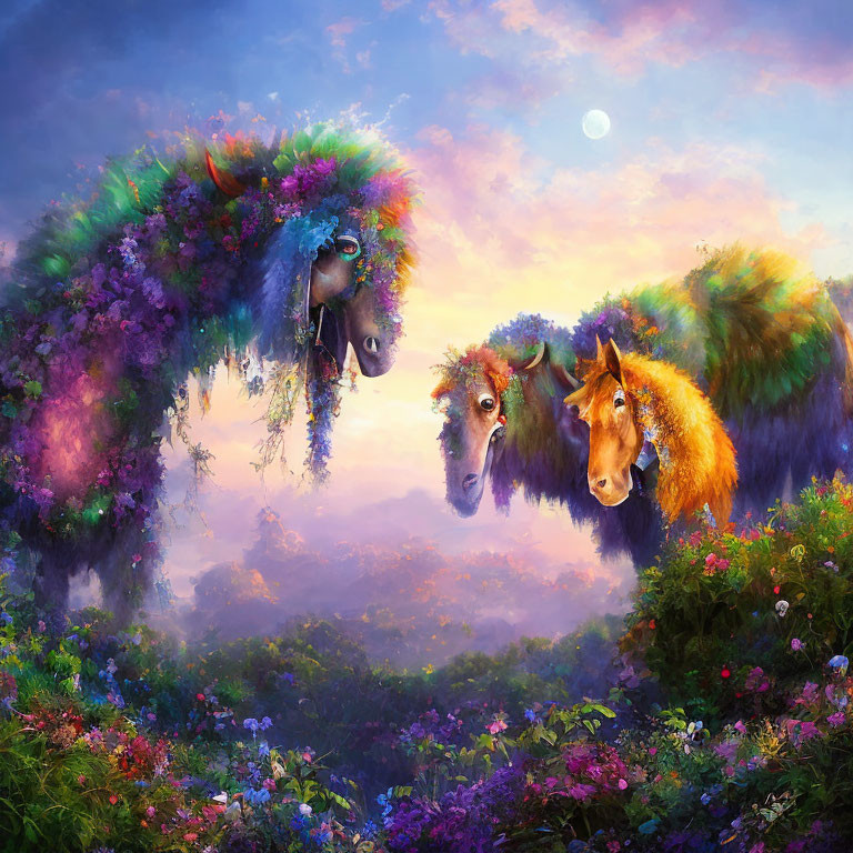 Colorful Horses with Floral Manes in Twilight Landscape