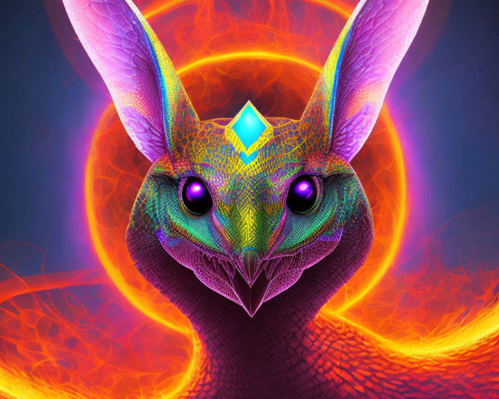 Colorful digital art of creature with large ears, jewel, and glowing eyes on vibrant background