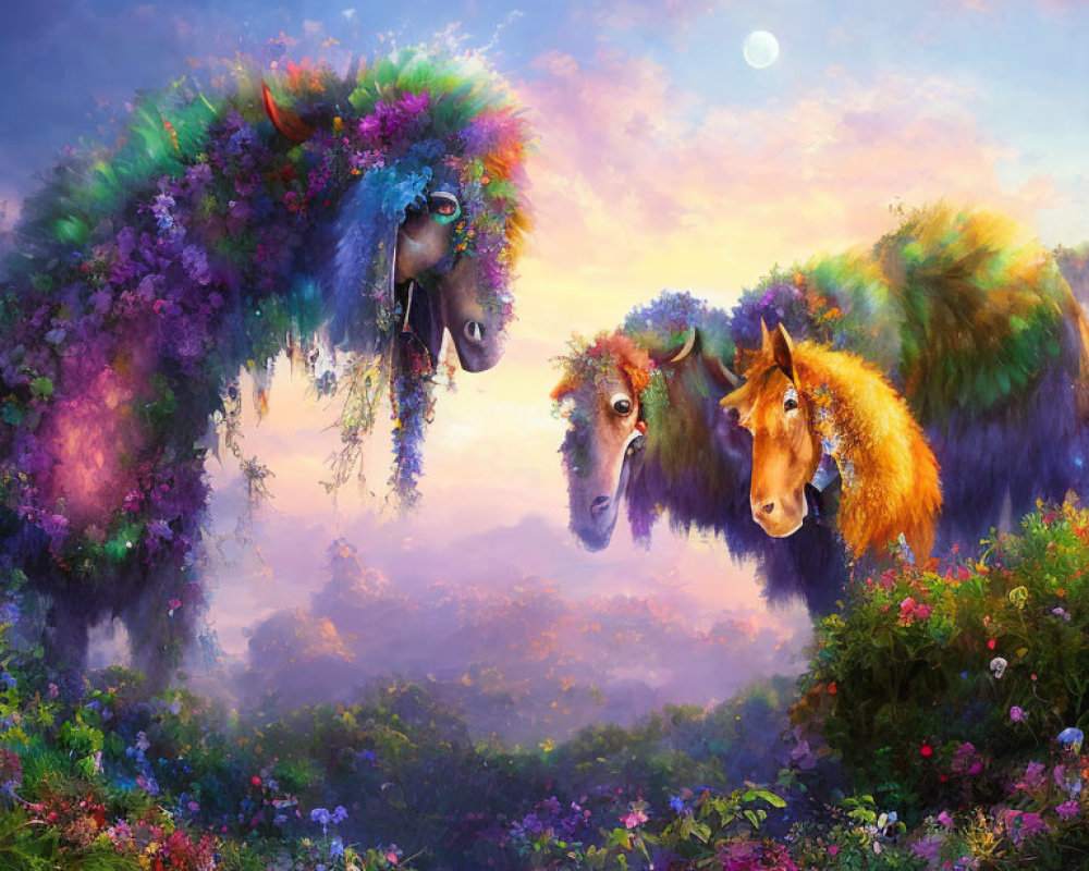 Colorful Horses with Floral Manes in Twilight Landscape