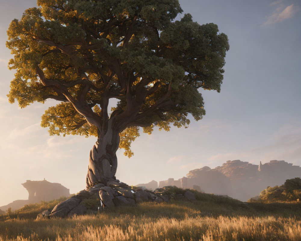 Majestic tree with thick trunk and lush canopy in sunlit field with ancient ruins in background.