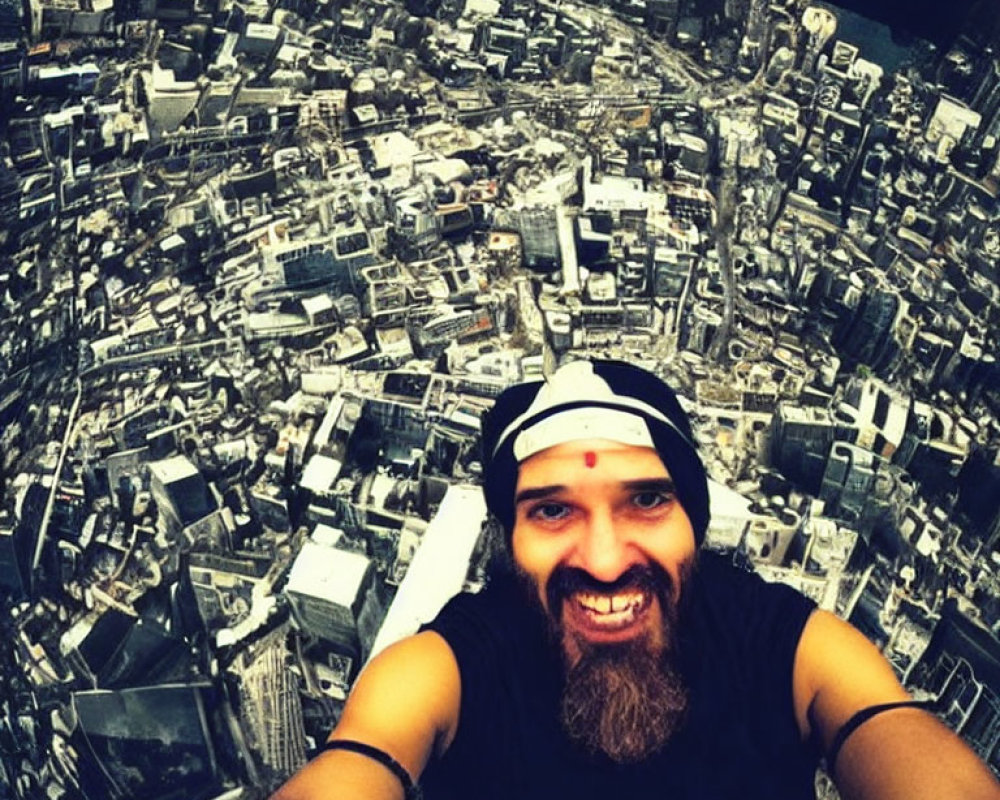 Bearded Man Selfie Over Cityscape from Aerial View