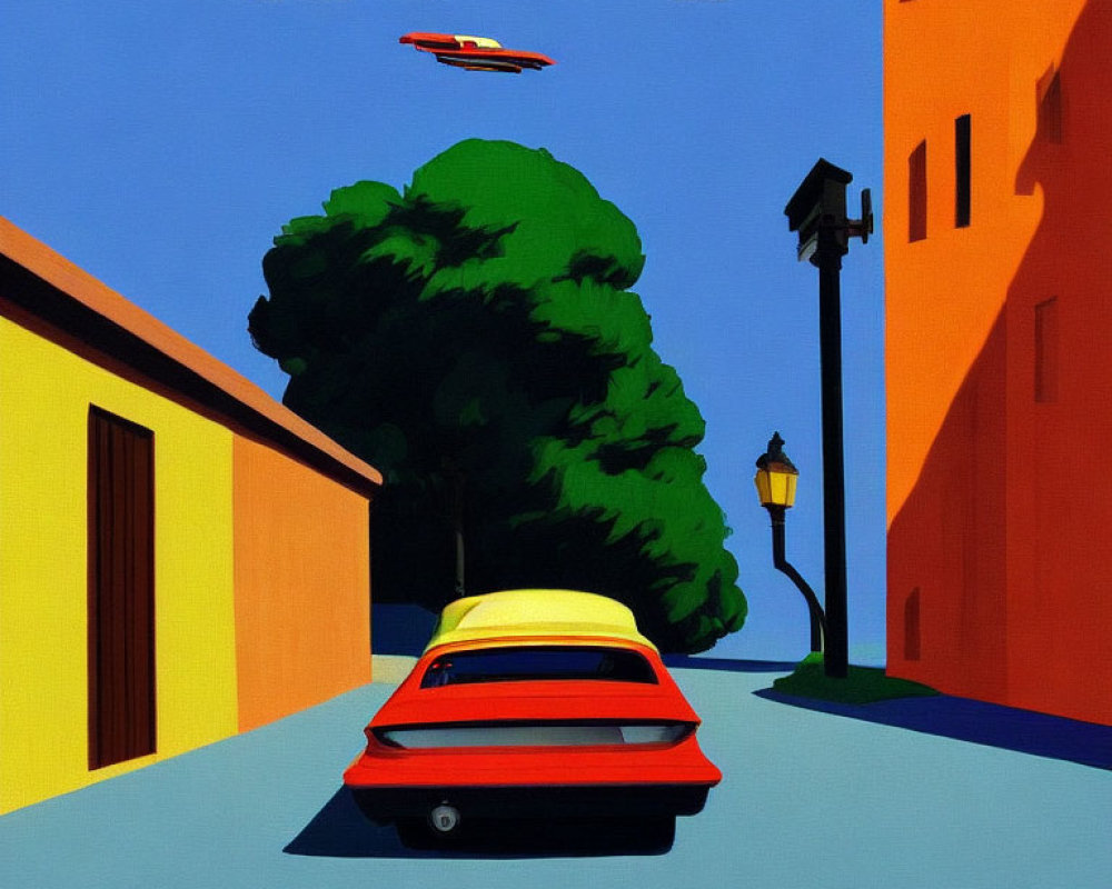 Stylized painting of red car with yellow roof parked on street with green tree, yellow building,