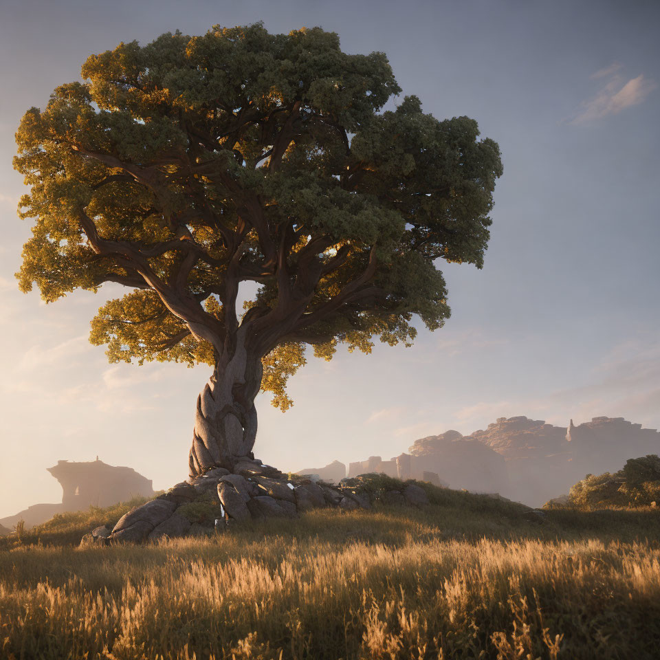 Majestic tree with thick trunk and lush canopy in sunlit field with ancient ruins in background.