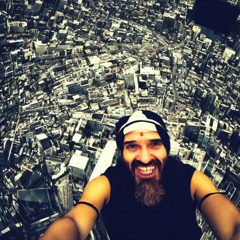 Bearded Man Selfie Over Cityscape from Aerial View