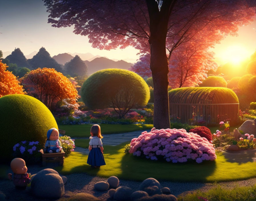 Vibrant garden scene with animated children at sunset