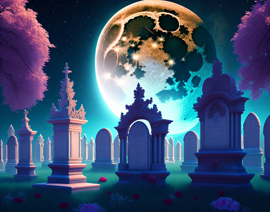 Fantastical graveyard with ornate tombstones under starry sky and large moon, pink trees and