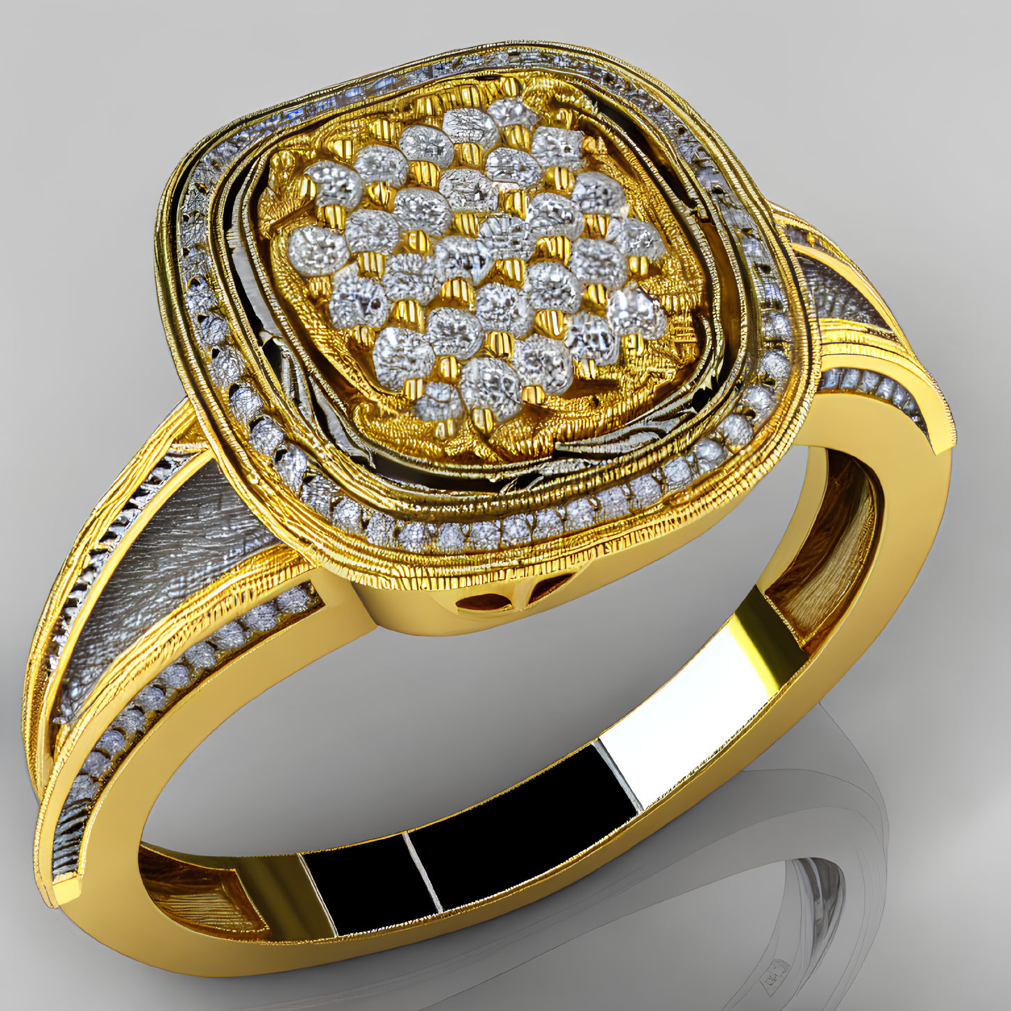 Diamond-encrusted square top ring with gold and silver tones and intricate band designs