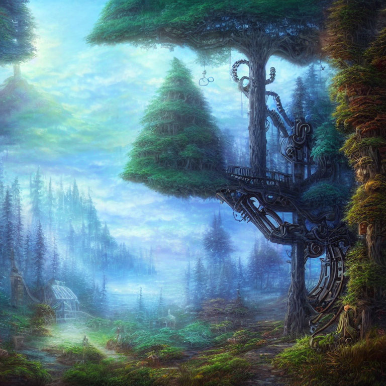 Mystical forest with natural and mechanical mix in foggy landscape