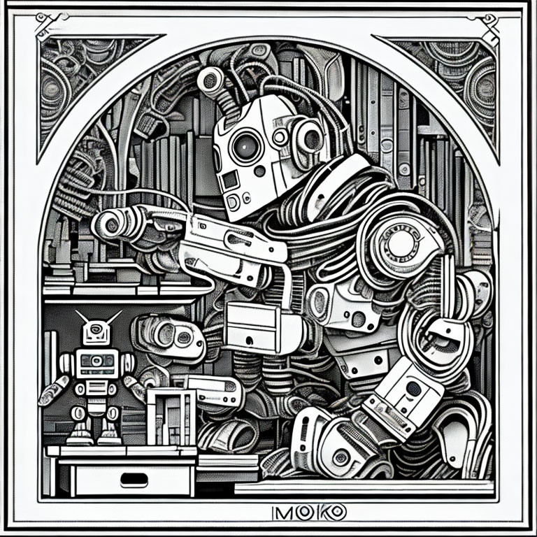 Detailed Black and White Mechanical Robotic Figure Illustration