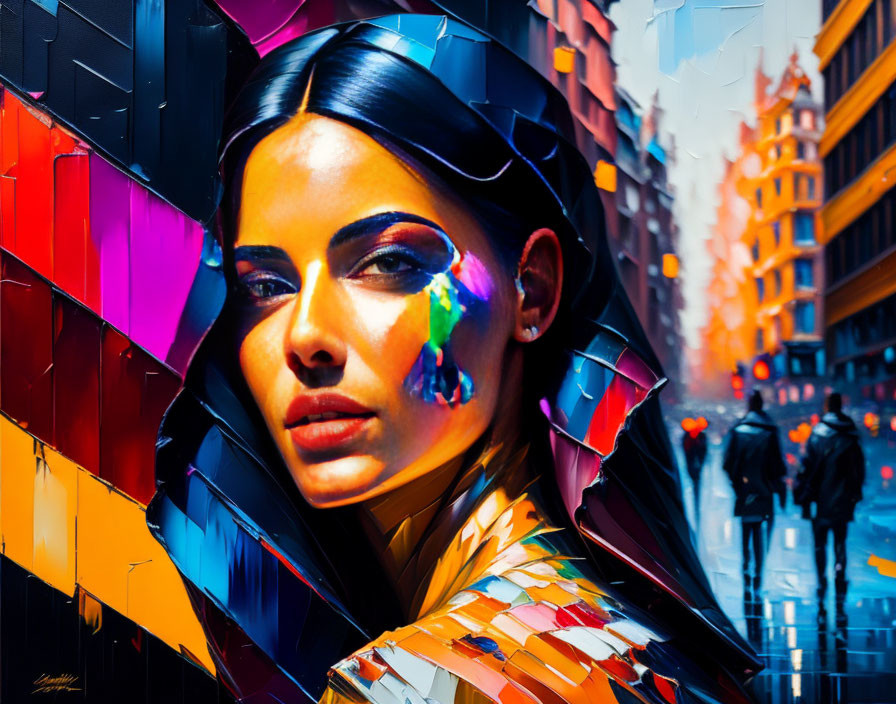 Colorful Digital Art: Woman's Face with Abstract Geometric Shapes on Urban Street