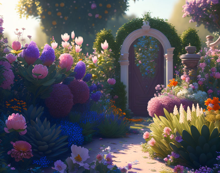 Lush garden with blooming flowers and golden light by arched doorway