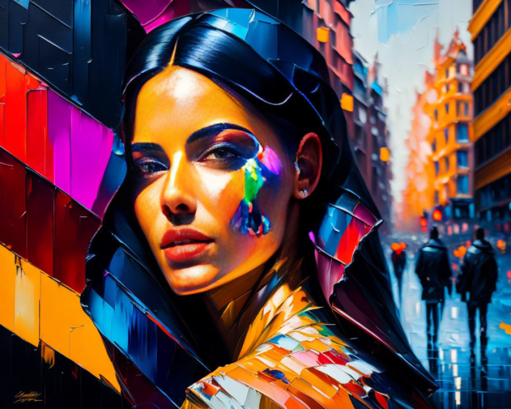 Colorful Digital Art: Woman's Face with Abstract Geometric Shapes on Urban Street