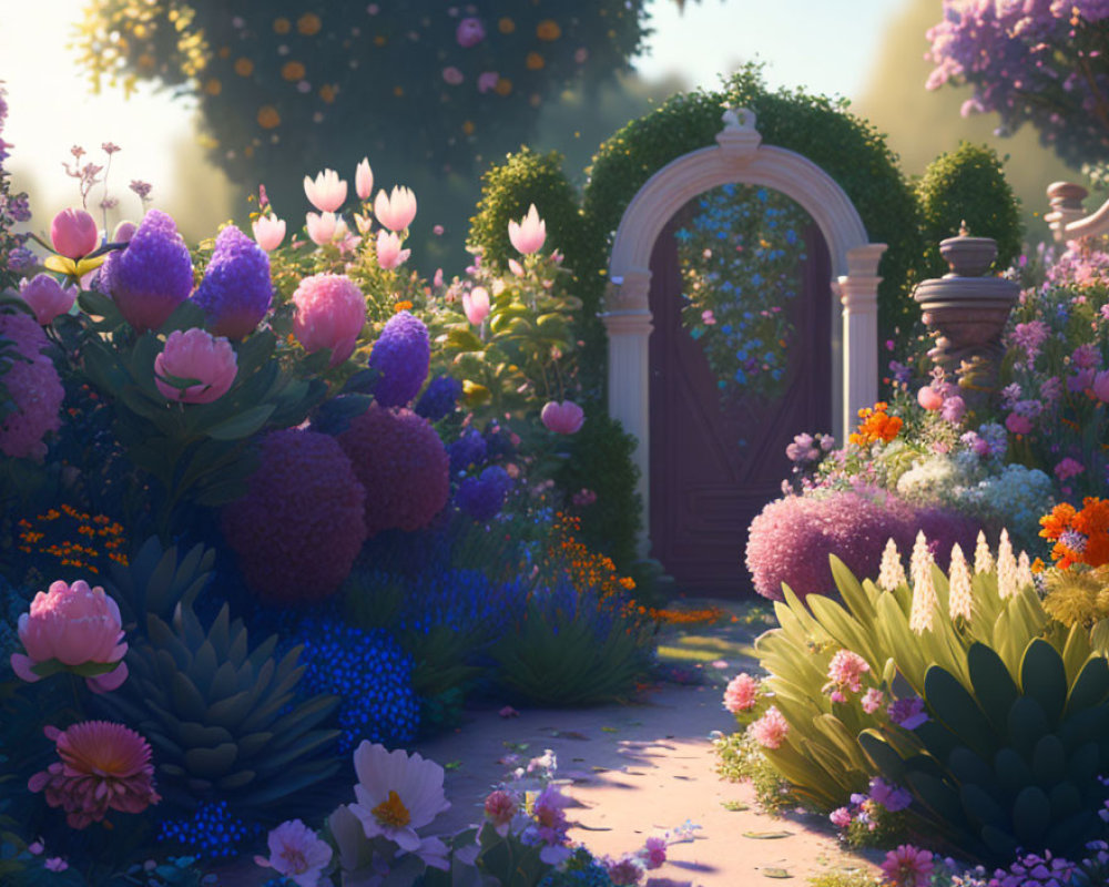 Lush garden with blooming flowers and golden light by arched doorway