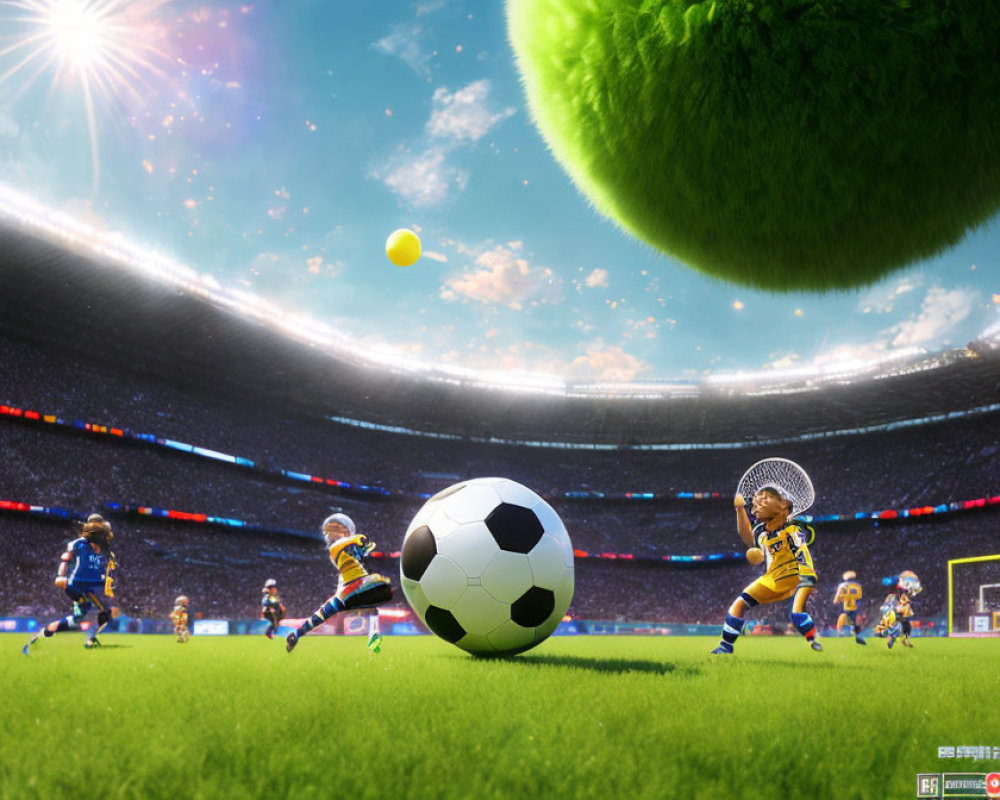 Animal-like Characters Play Soccer in Vibrant Stadium with Fluffy Tree and Sun