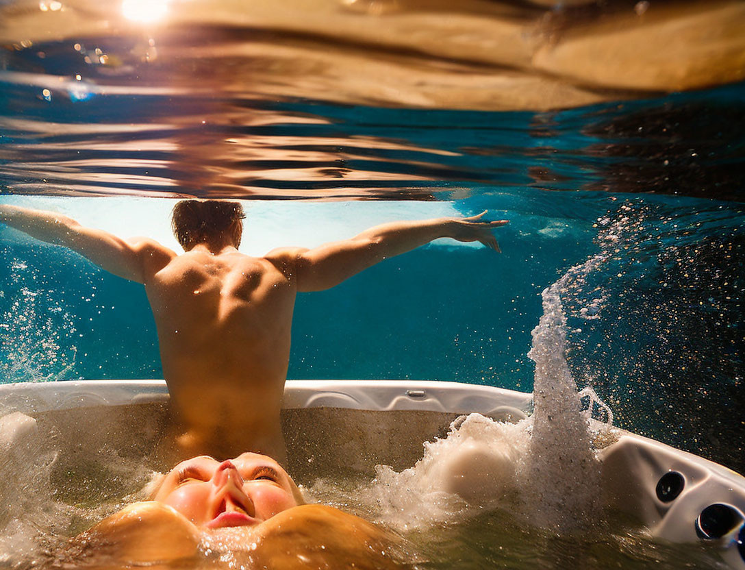 Person floating on back in clear water with sunbeams from underwater view