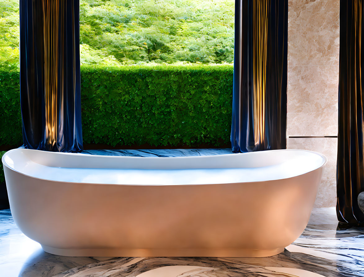 Luxurious Freestanding Bathtub in Marble-Tiled Bathroom with Garden View