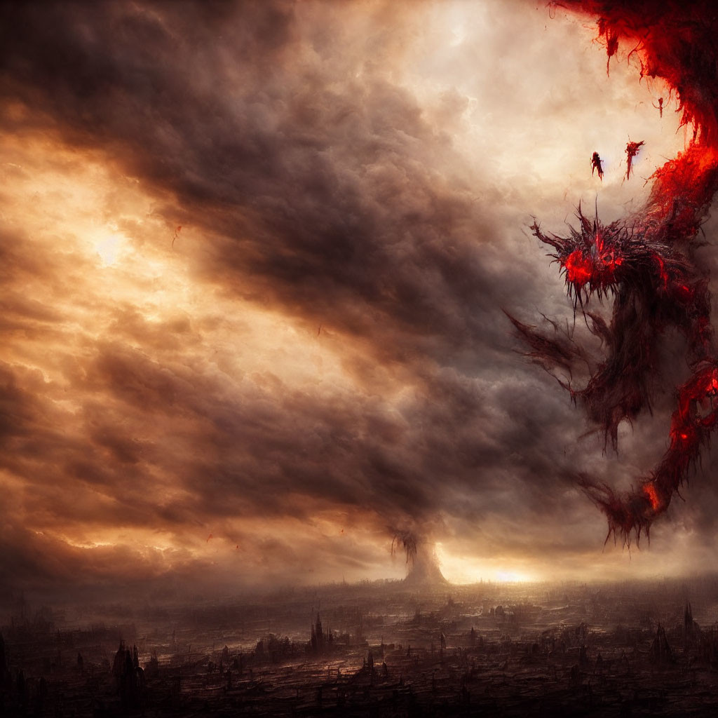 Apocalyptic landscape with volcanic eruption and red monstrous entity