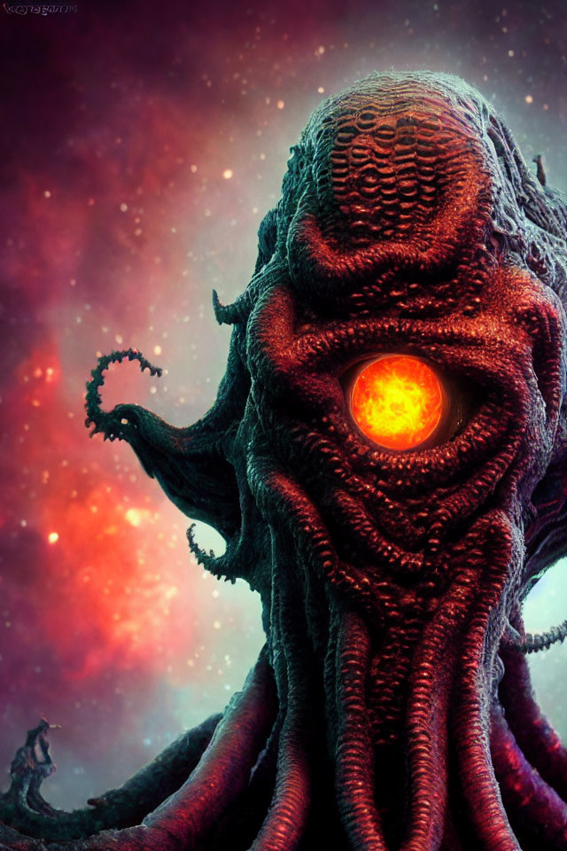 Detailed Illustration: Monstrous Alien Creature with Glowing Eye, Tentacles, and Textured