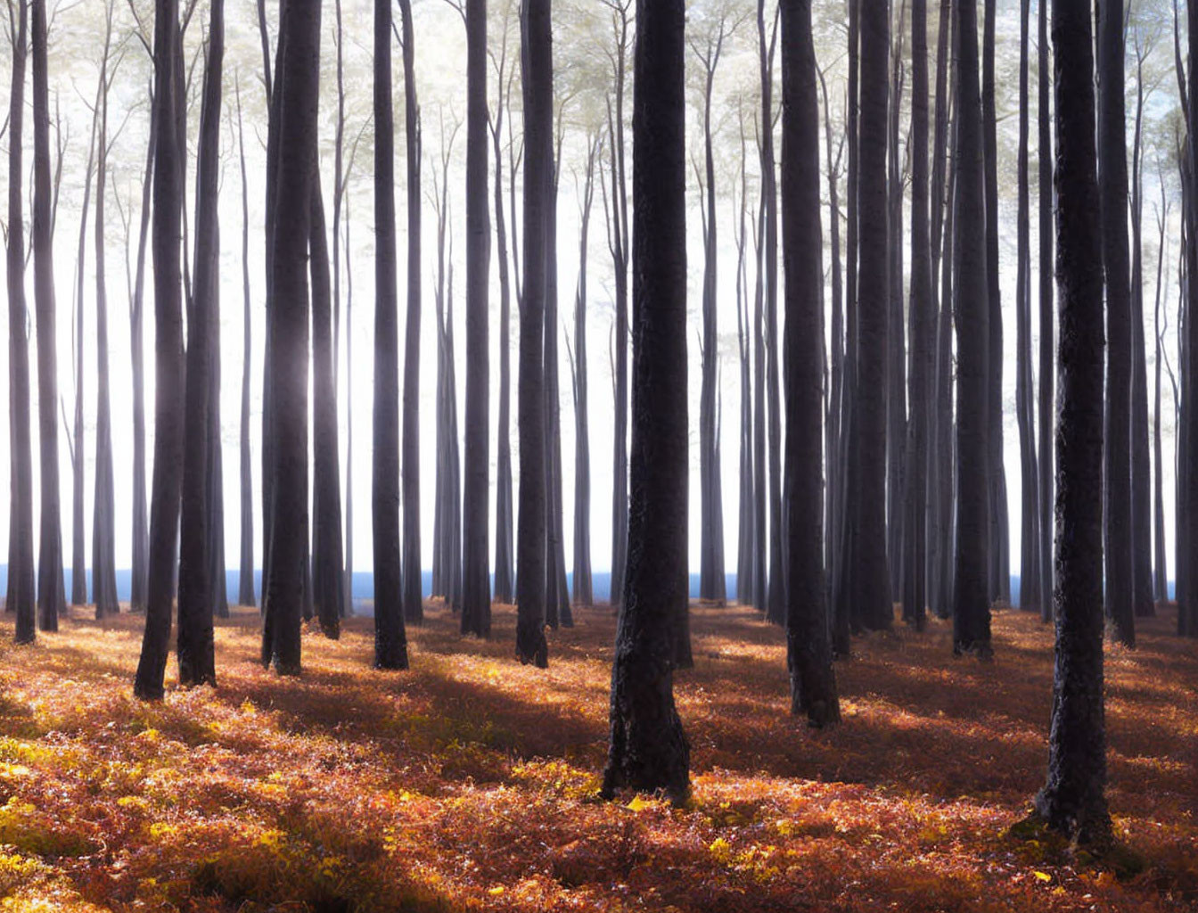 Misty forest scene with bare tree trunks and orange leaves carpet