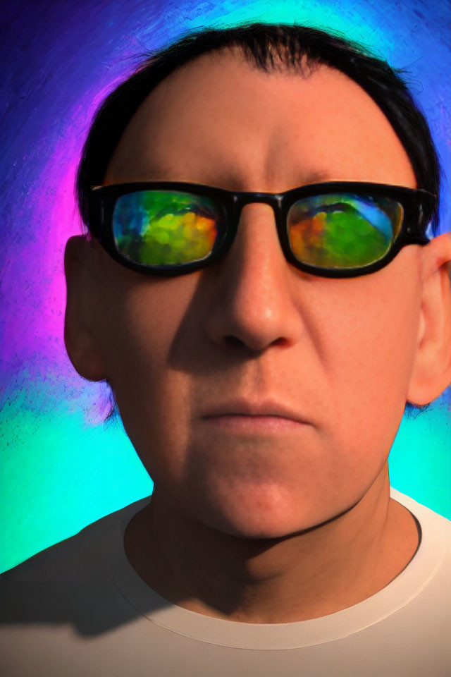 Man in sunglasses reflecting colorful lights on multicolored background