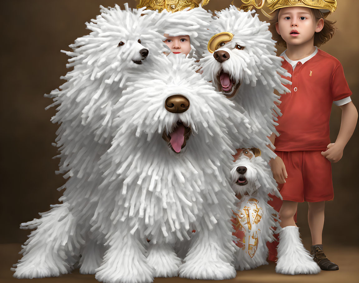 Child in royal attire with crown surrounded by three fluffy white dogs, one with crown and medal.
