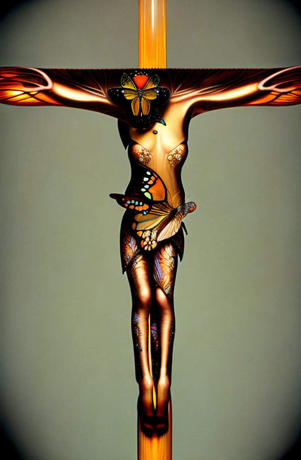 Figure with butterfly patterns in crucifixion-like pose on gradient background