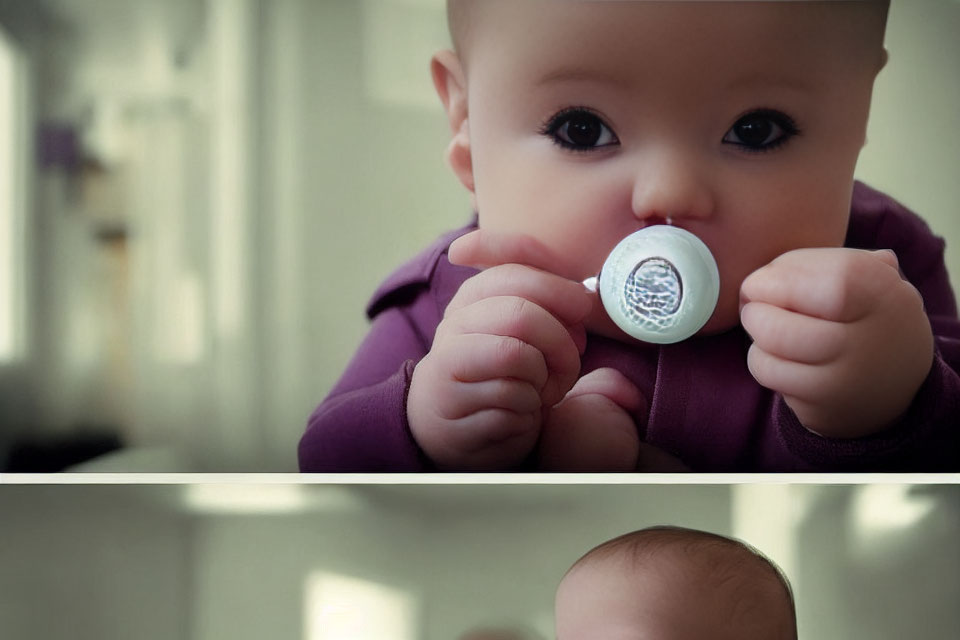 Baby with Big Eyes Sucking Pacifier in Purple Outfit