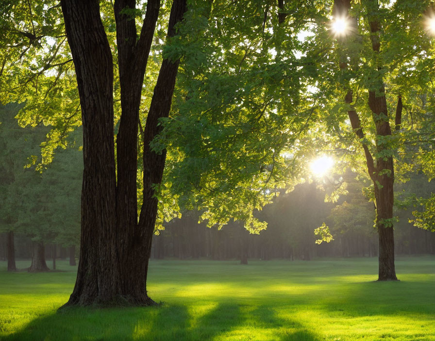 Serene park scene with sunlight filtering through lush green trees